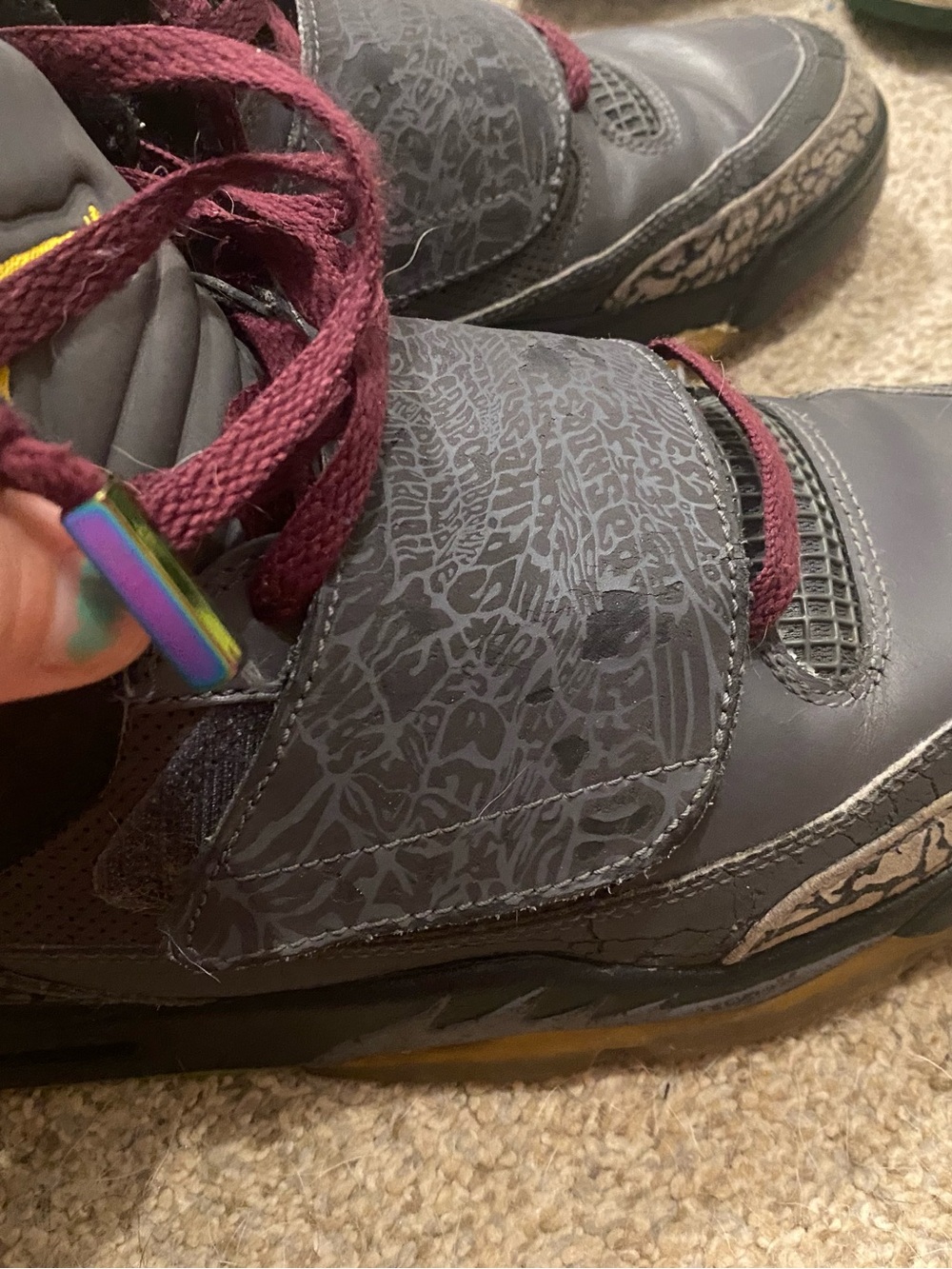 Jordan 2012’s Burgundy and Gray High-Top Sneakers with yellow and teal Accents. - Picture 3 of 11